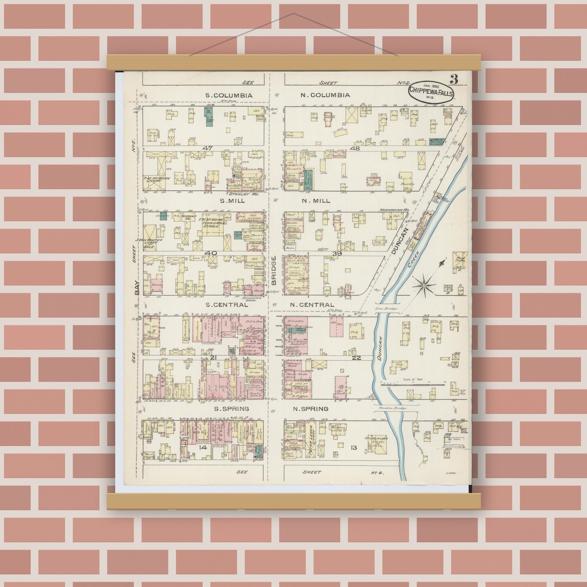 Old map wall art mockup — magnetic wood frame on brick wall — Sanborn Fire Insurance Map from Chippewa Falls, Chippewa County, Wisconsin (1886), Sheet #0003