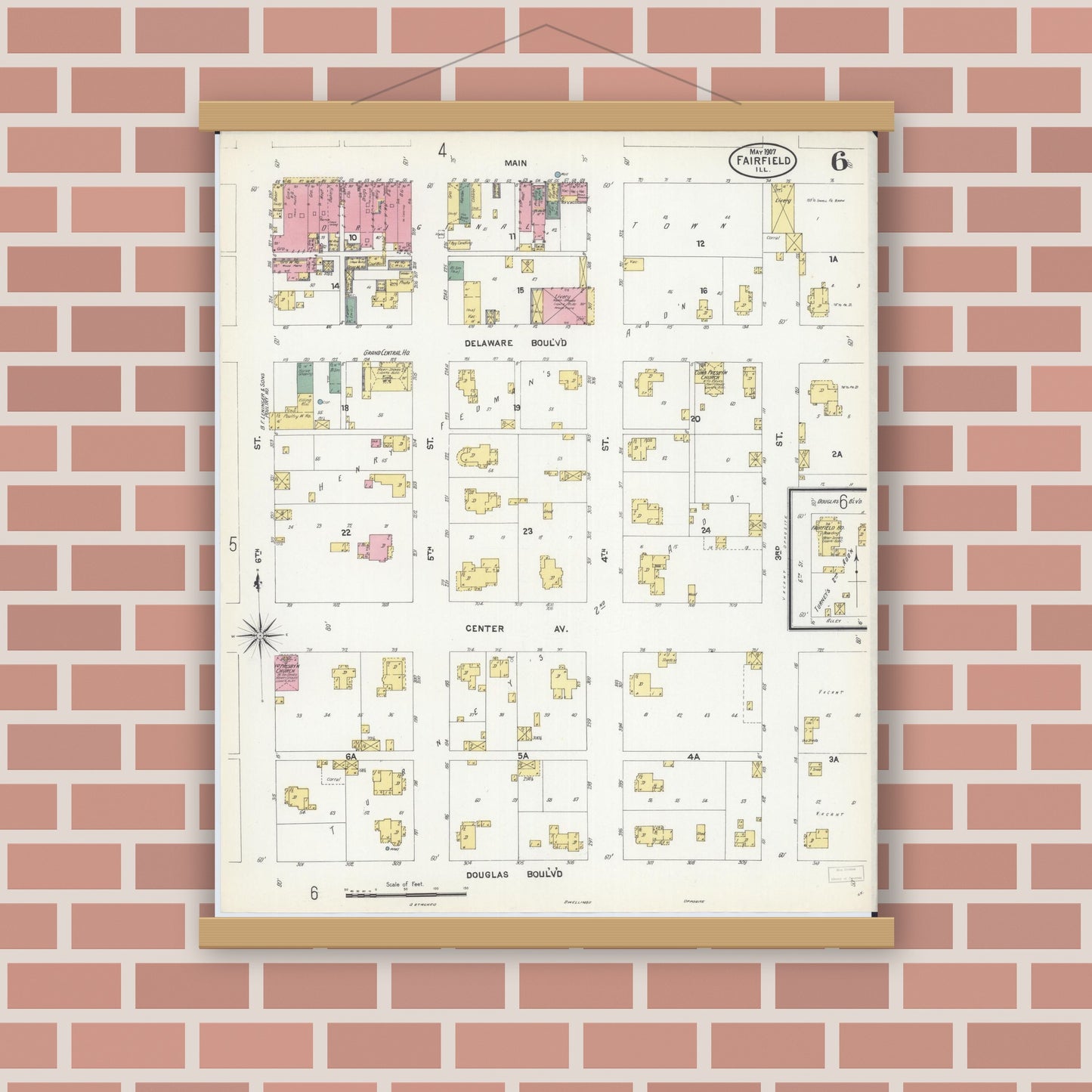Old map wall art mockup — magnetic wood frame on brick wall — Sanborn Fire Insurance Map from Fairfield, Wayne County, Illinois (1907), Sheet #0006