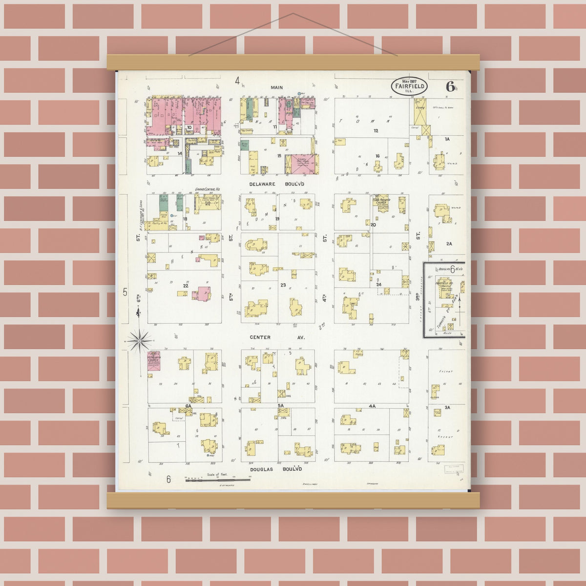 Old map wall art mockup — magnetic wood frame on brick wall — Sanborn Fire Insurance Map from Fairfield, Wayne County, Illinois (1907), Sheet #0006