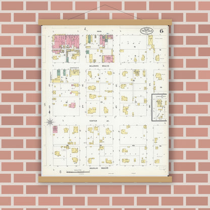 Old map wall art mockup — magnetic wood frame on brick wall — Sanborn Fire Insurance Map from Fairfield, Wayne County, Illinois (1907), Sheet #0006
