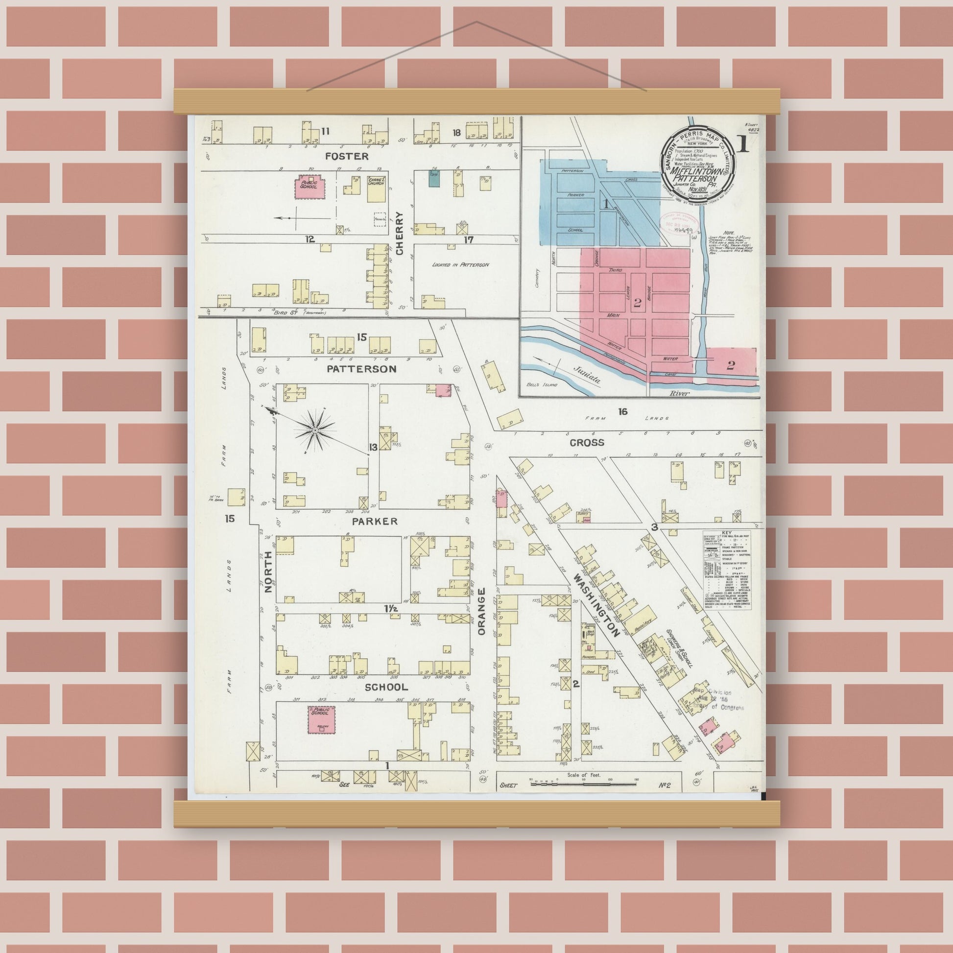 Old map wall art mockup — magnetic wood frame on brick wall — Sanborn Fire Insurance Map from Mifflintown, Juniata County, Pennsylvania (1891) - Complete Map Set