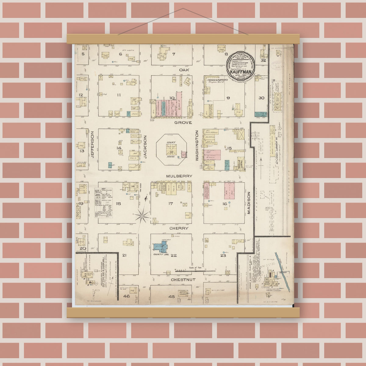Old map wall art mockup — magnetic wood frame on brick wall — Sanborn Fire Insurance Map from Kaufman, Kaufman County, Texas (1885), Sheet #0001