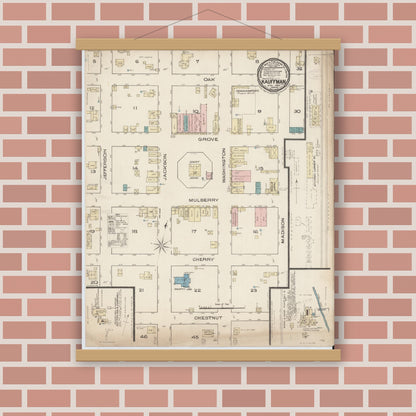 Old map wall art mockup — magnetic wood frame on brick wall — Sanborn Fire Insurance Map from Kaufman, Kaufman County, Texas (1885), Sheet #0001