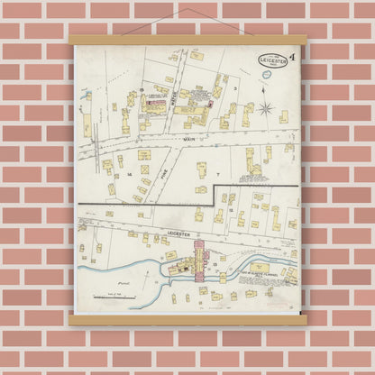 Old map wall art mockup — magnetic wood frame on brick wall — Sanborn Fire Insurance Map from Leicester, Worcester County, Massachusetts (1888), Sheet #0004
