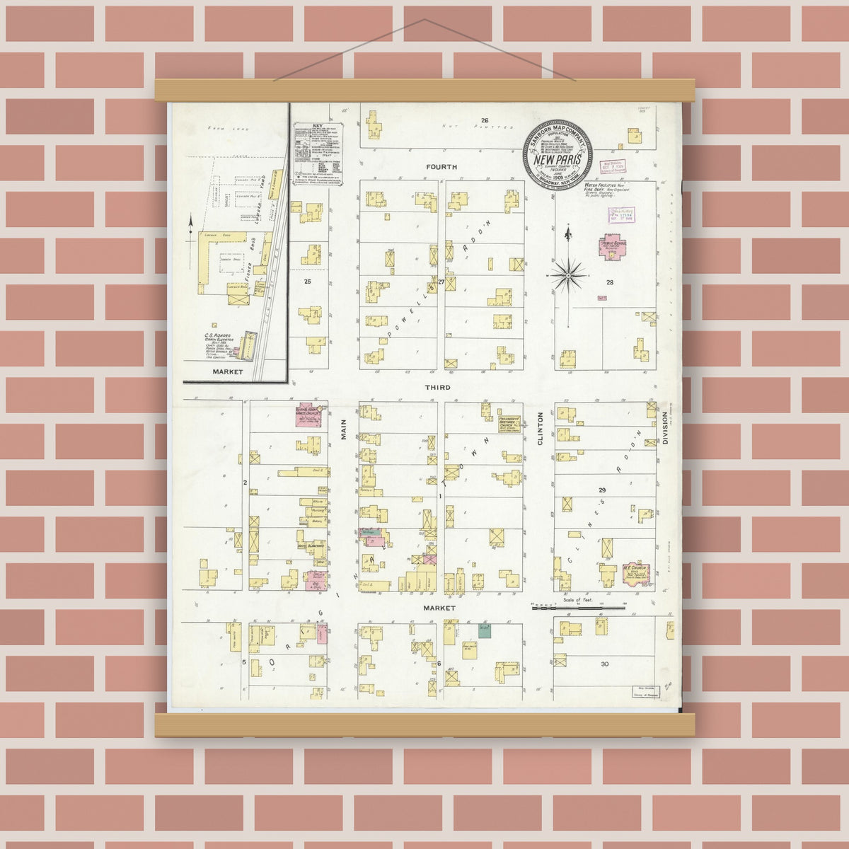 Old map wall art mockup — magnetic wood frame on brick wall — Sanborn Fire Insurance Map from New Paris, Elkhart County, Indiana (1909), Sheet #0001