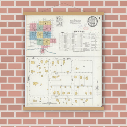 Old map wall art mockup — magnetic wood frame on brick wall — Sanborn Fire Insurance Map from Bonham, Fannin County, Texas (1897), Sheet #0001