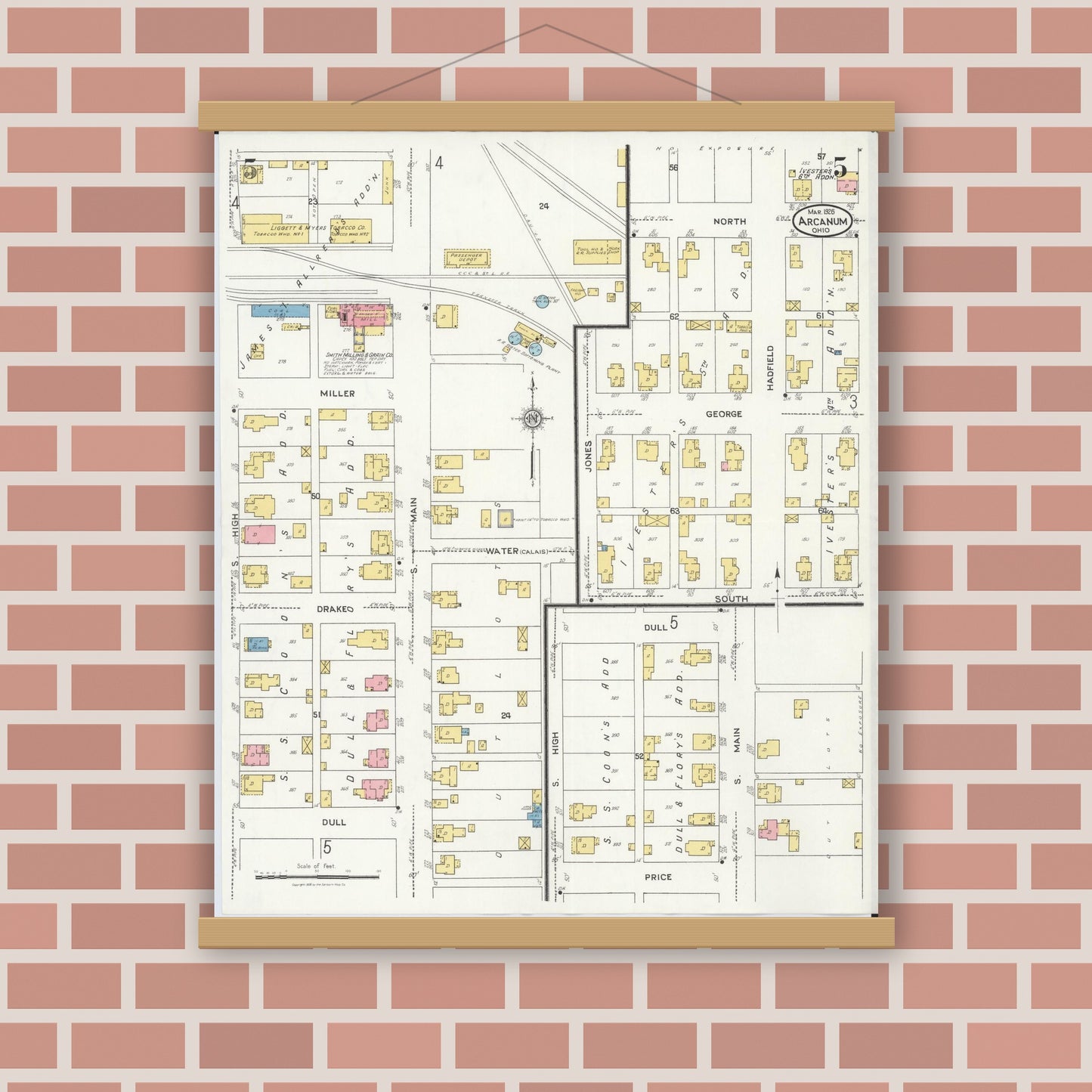 Old map wall art mockup — magnetic wood frame on brick wall — Sanborn Fire Insurance Map from Arcanum, Darke County, Ohio (1926), Sheet #0005