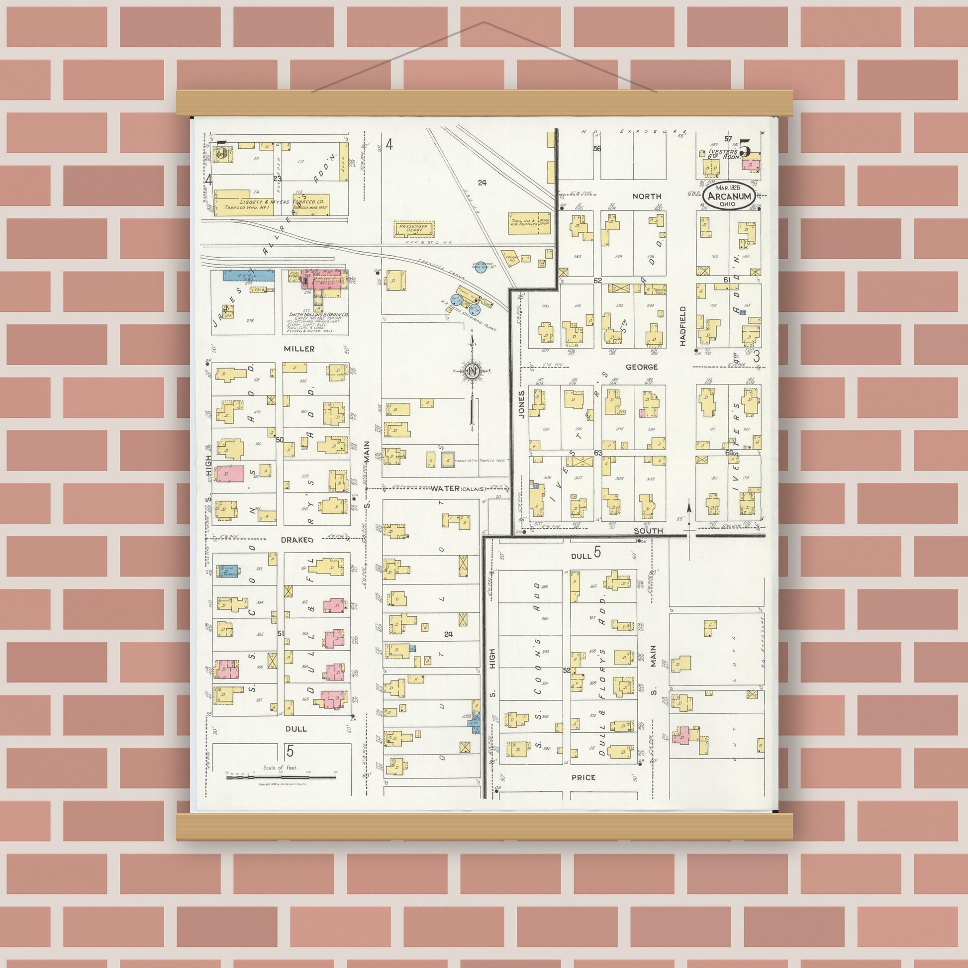 Old map wall art mockup — magnetic wood frame on brick wall — Sanborn Fire Insurance Map from Arcanum, Darke County, Ohio (1926), Sheet #0005