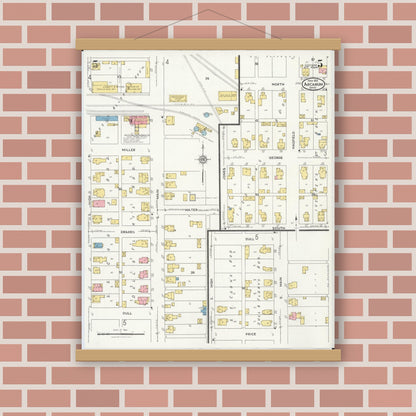 Old map wall art mockup — magnetic wood frame on brick wall — Sanborn Fire Insurance Map from Arcanum, Darke County, Ohio (1926), Sheet #0005