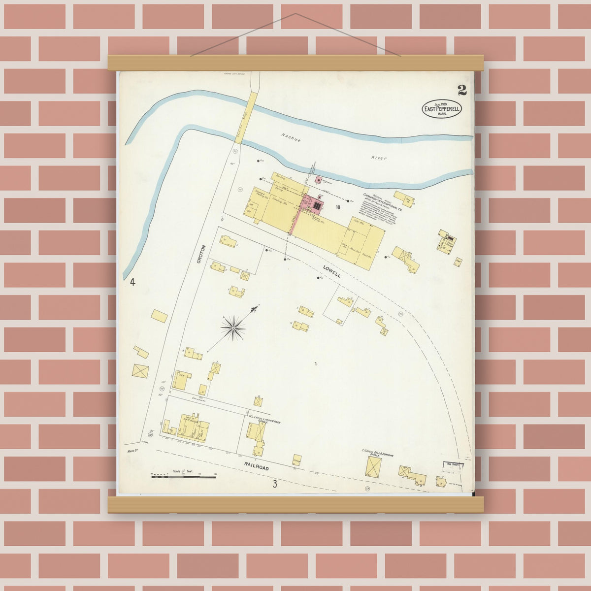Old map wall art mockup — magnetic wood frame on brick wall — Sanborn Fire Insurance Map from East Pepperell, Middlesex County, Massachusetts (1903), Sheet #0002