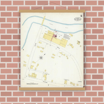 Old map wall art mockup — magnetic wood frame on brick wall — Sanborn Fire Insurance Map from East Pepperell, Middlesex County, Massachusetts (1903), Sheet #0002