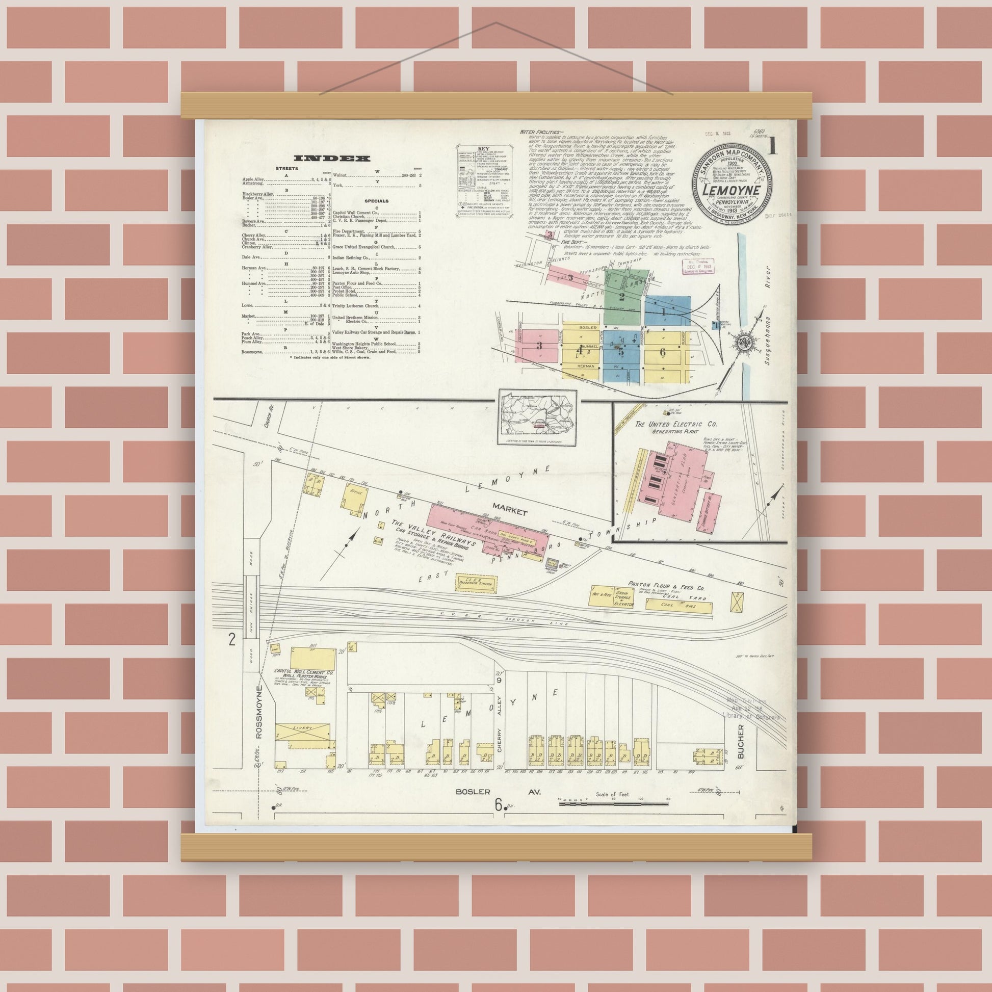 Old map wall art mockup — magnetic wood frame on brick wall — Sanborn Fire Insurance Map from Lemoyne, Cumberland County, Pennsylvania (1913), Sheet #0001