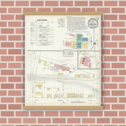 Old map wall art mockup — magnetic wood frame on brick wall — Sanborn Fire Insurance Map from Lemoyne, Cumberland County, Pennsylvania (1913), Sheet #0001