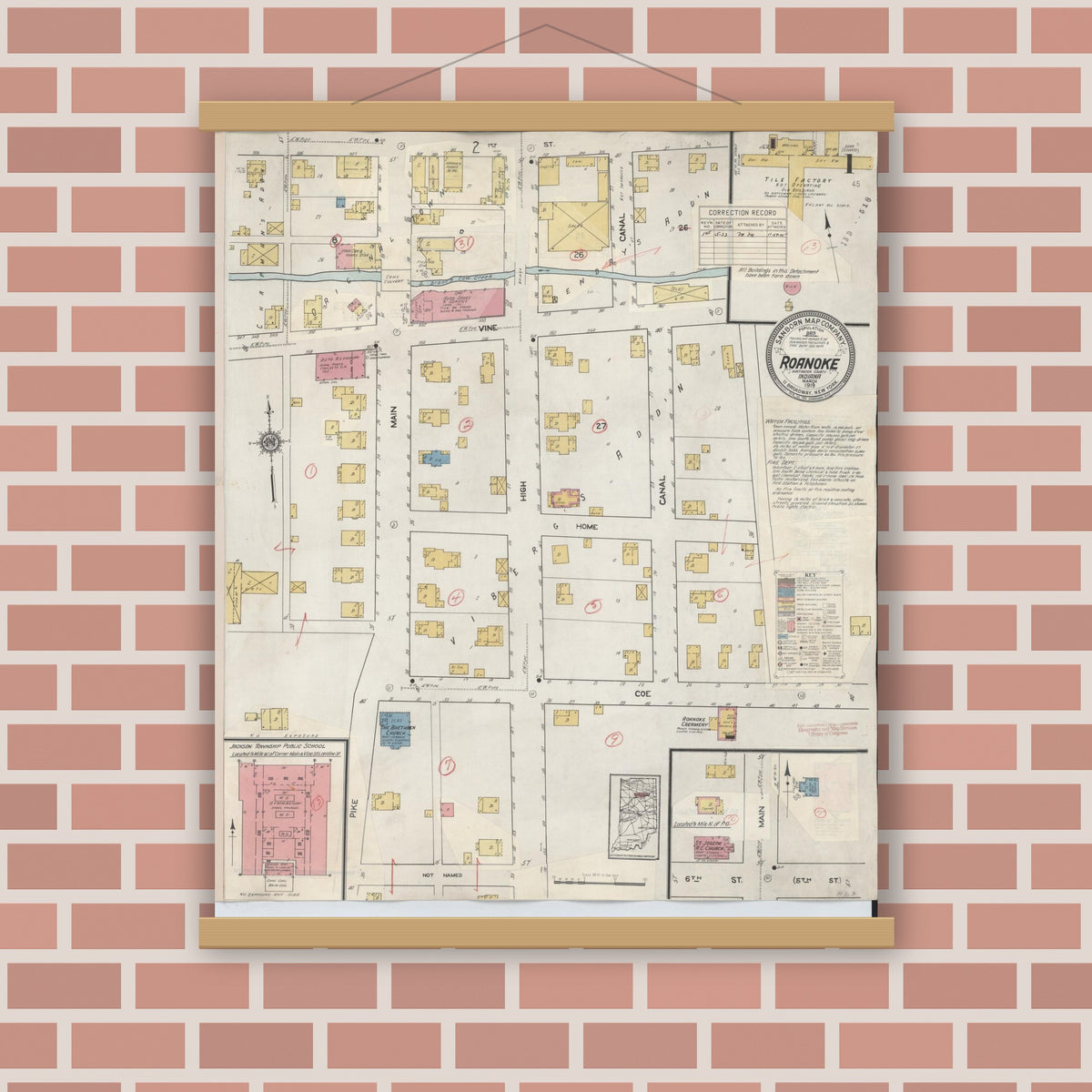 Old map wall art mockup — magnetic wood frame on brick wall — Sanborn Fire Insurance Map from Roanoke, Huntington County, Indiana (1933) - Complete Map Set