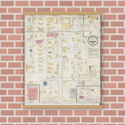 Old map wall art mockup — magnetic wood frame on brick wall — Sanborn Fire Insurance Map from Roanoke, Huntington County, Indiana (1933) - Complete Map Set