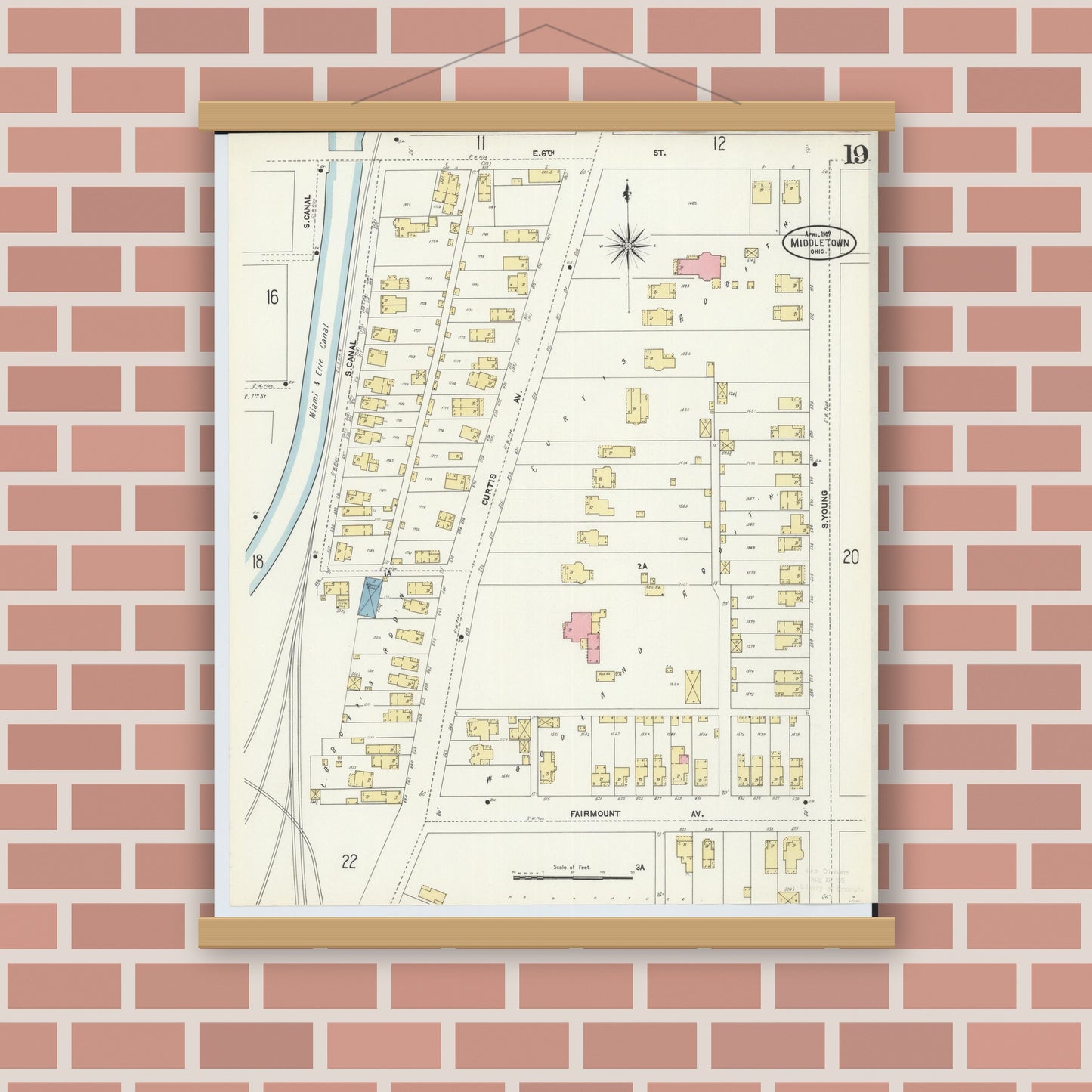 Old map wall art mockup — magnetic wood frame on brick wall — Sanborn Fire Insurance Map from Middletown, Butler County, Ohio (1907), Sheet #0019
