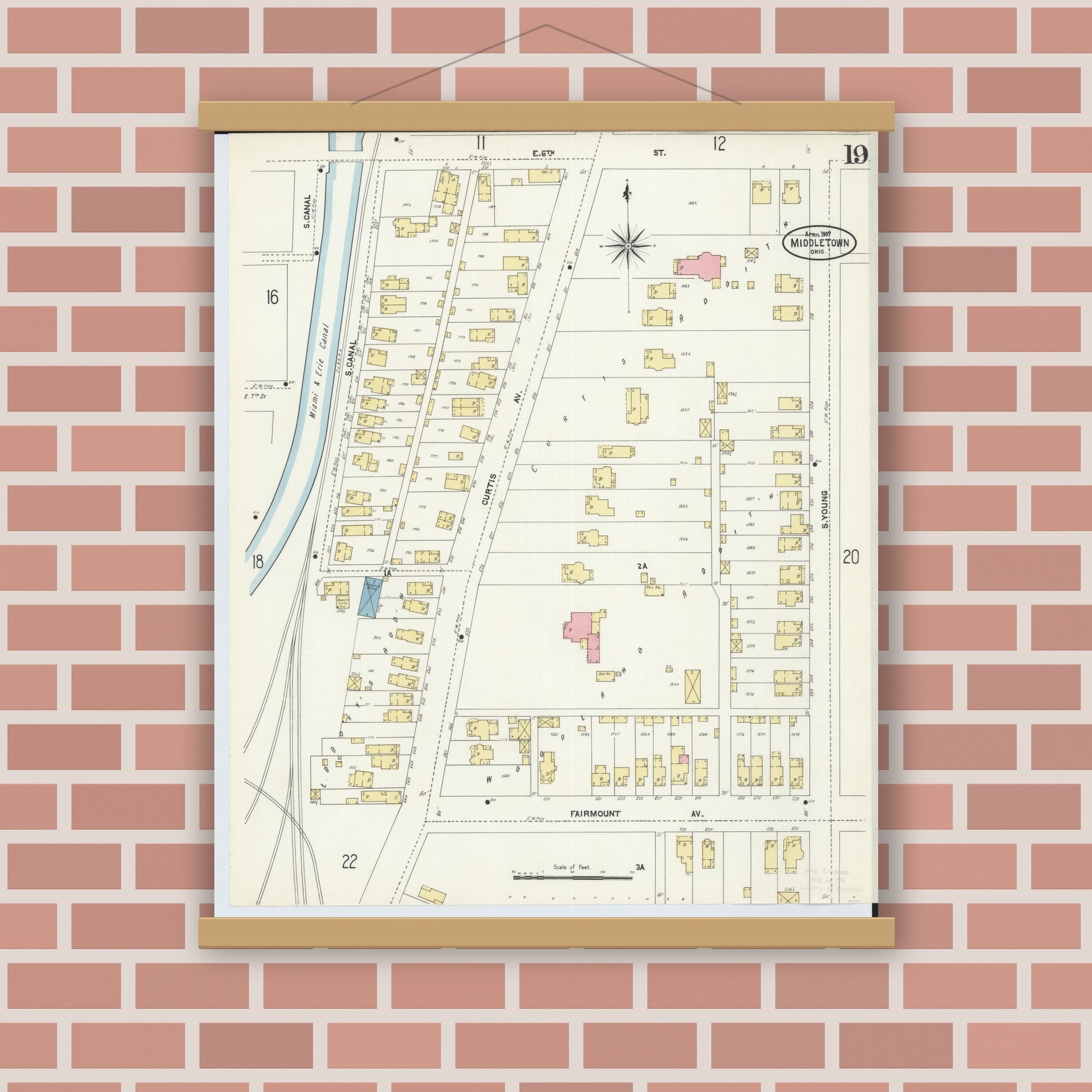 Old map wall art mockup — magnetic wood frame on brick wall — Sanborn Fire Insurance Map from Middletown, Butler County, Ohio (1907), Sheet #0019