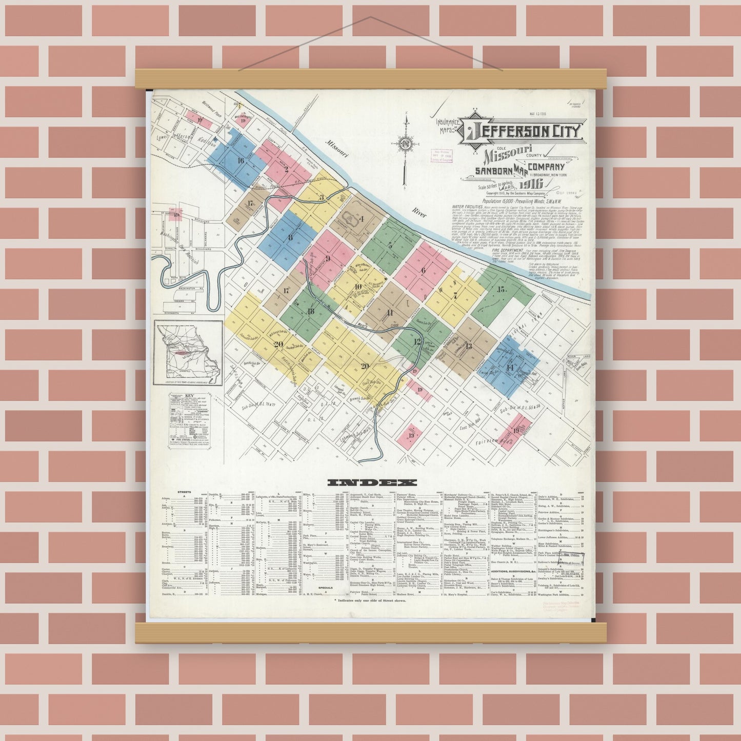 Old map wall art mockup — magnetic wood frame on brick wall — Sanborn Fire Insurance Map from Jefferson City, Cole County, Missouri (1916) - Complete Map Set
