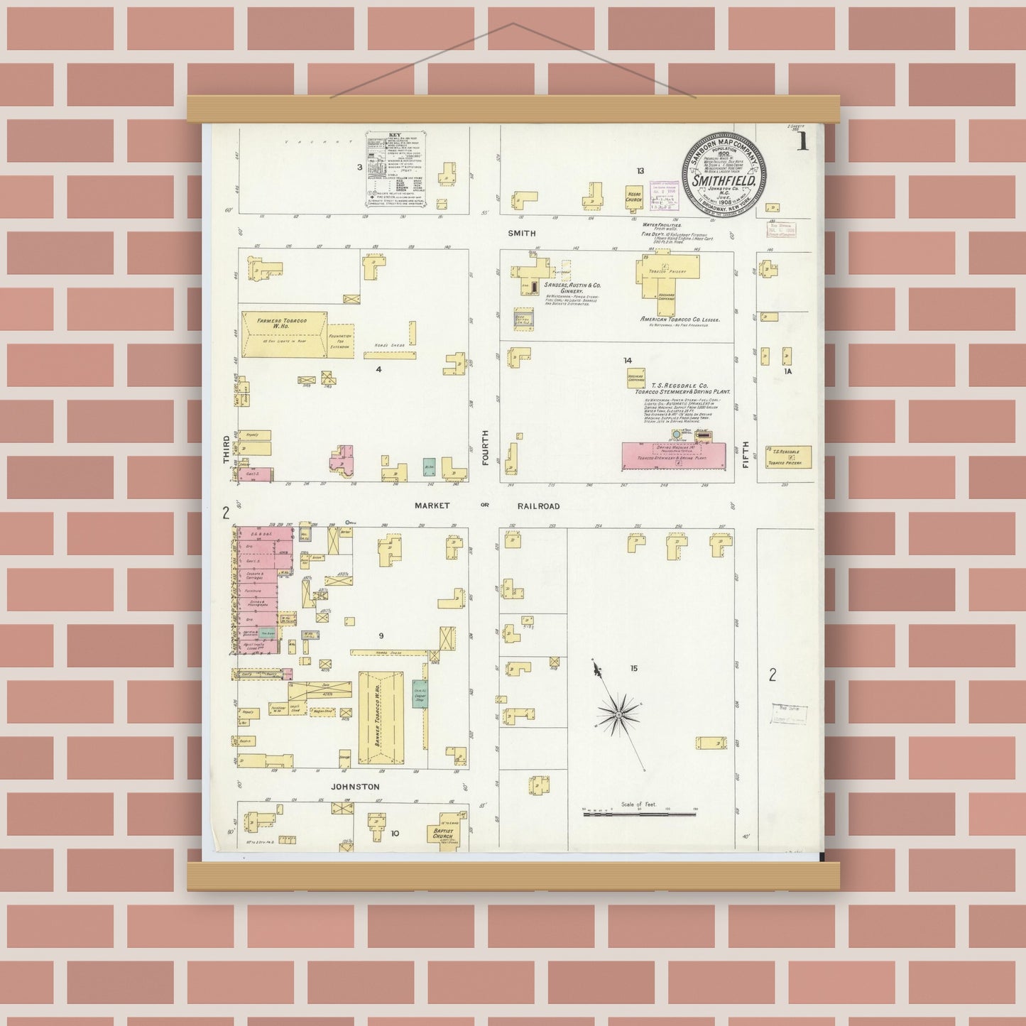 Old map wall art mockup — magnetic wood frame on brick wall — Sanborn Fire Insurance Map from Smithfield, Johnston County, North Carolina (1908), Sheet #0001
