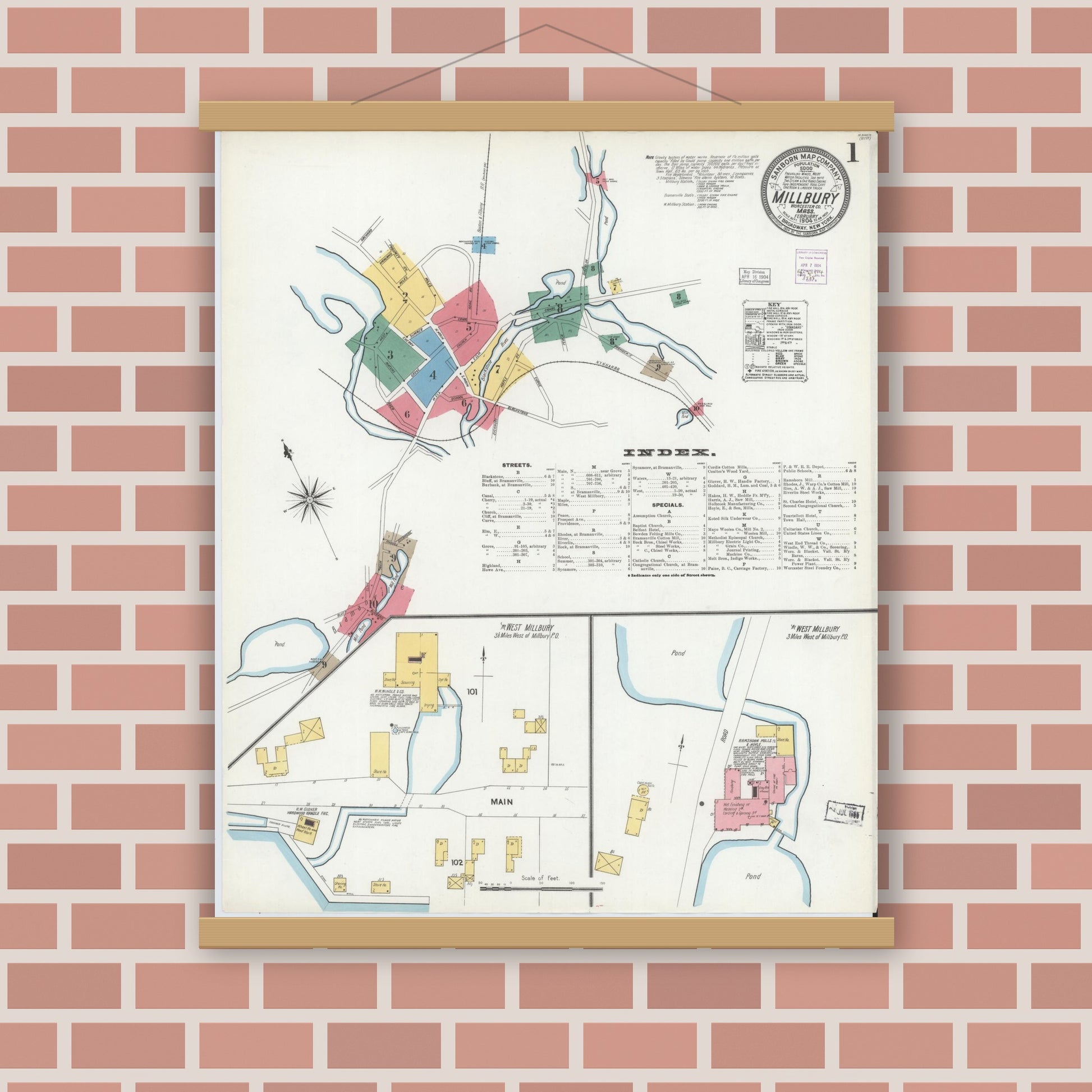 Old map wall art mockup — magnetic wood frame on brick wall — Sanborn Fire Insurance Map from Millbury, Worcester County, Massachusetts (1904), Sheet #0001