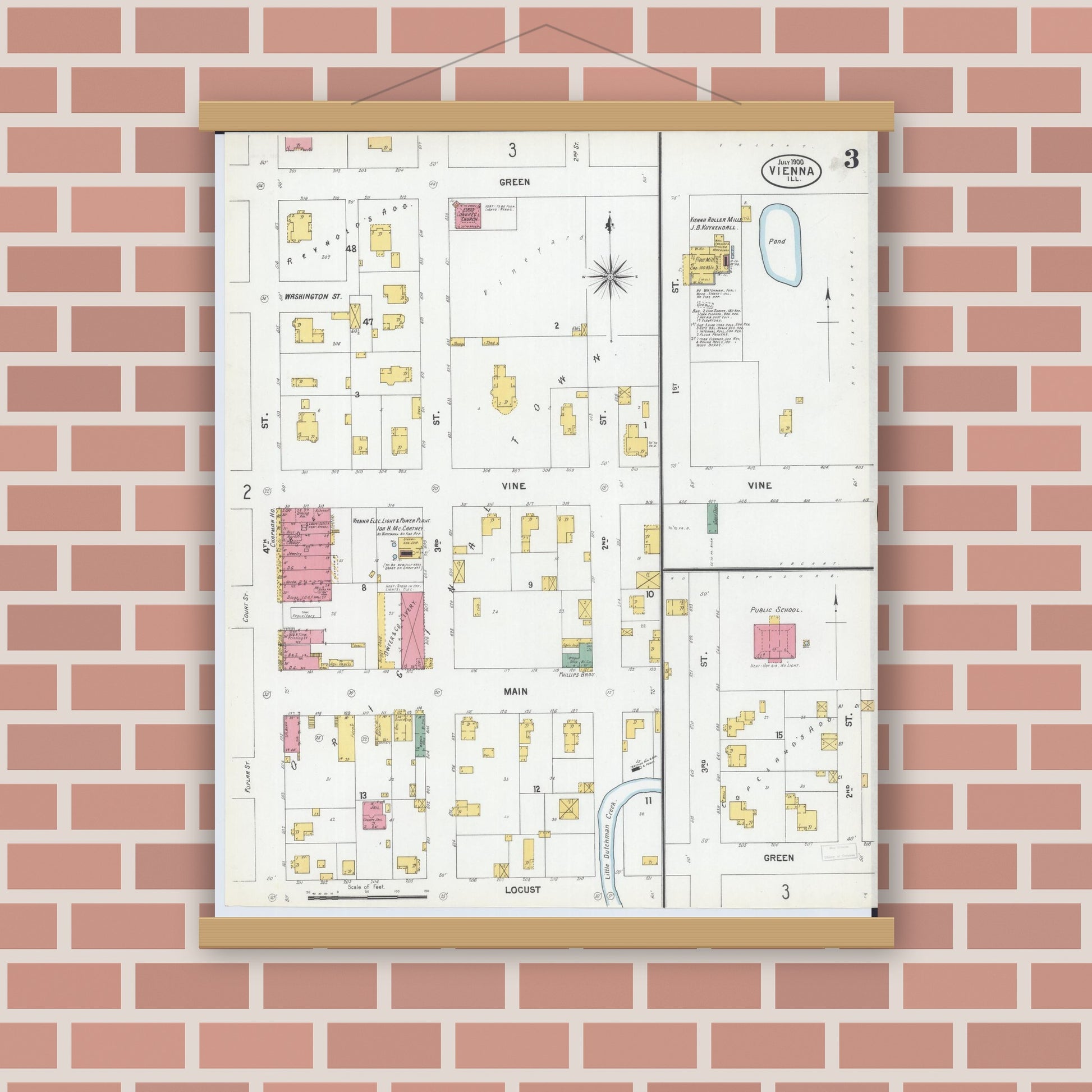 Old map wall art mockup — magnetic wood frame on brick wall — Sanborn Fire Insurance Map from Vienna, Johnson County, Illinois (1900), Sheet #0003