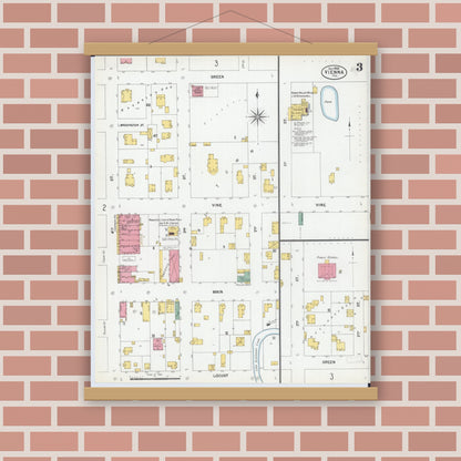 Old map wall art mockup — magnetic wood frame on brick wall — Sanborn Fire Insurance Map from Vienna, Johnson County, Illinois (1900), Sheet #0003