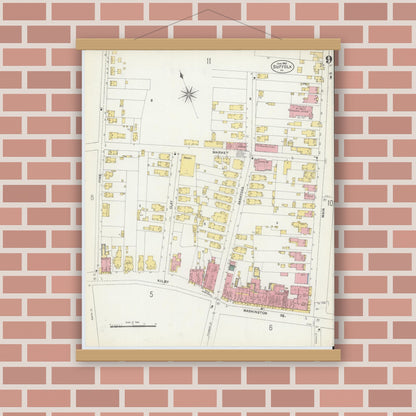 Old map wall art mockup — magnetic wood frame on brick wall — Sanborn Fire Insurance Map from Suffolk, Independent Cities, Virginia (1903), Sheet #0009