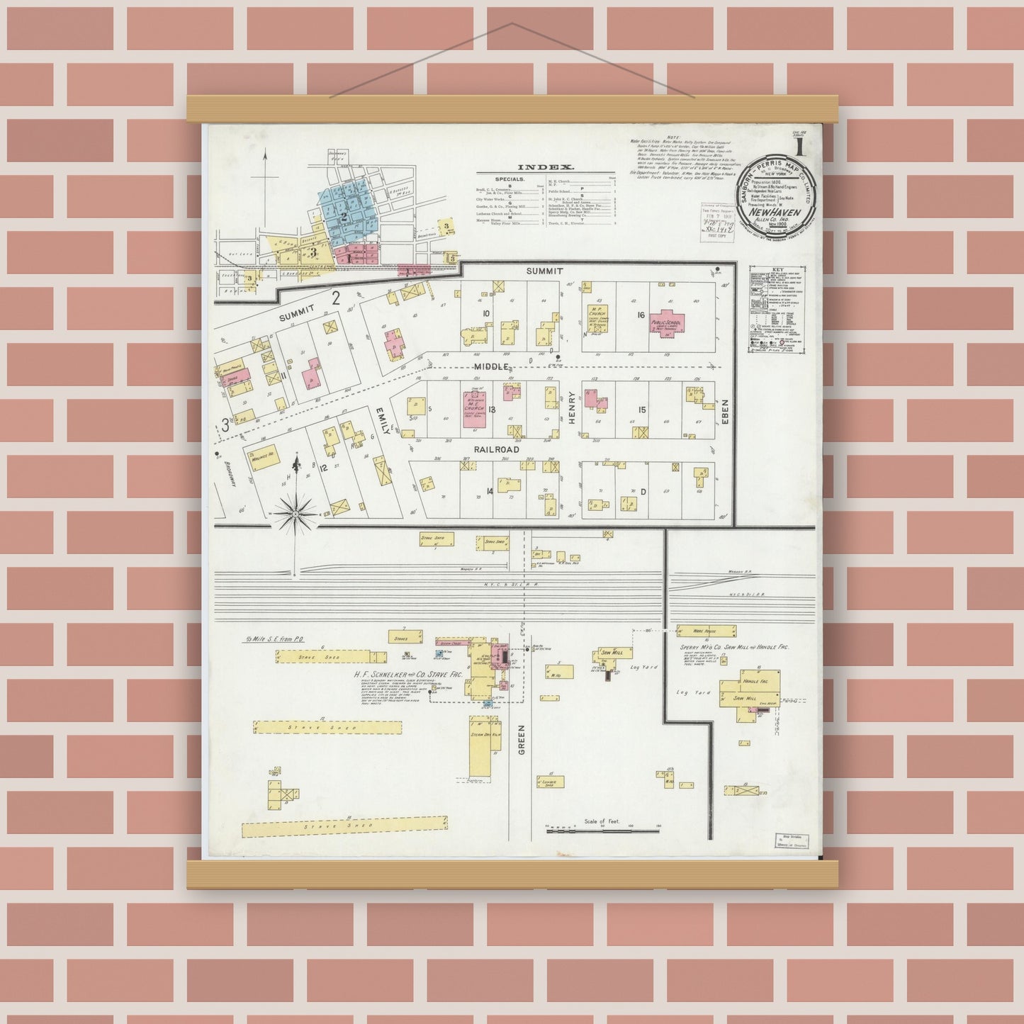 Old map wall art mockup — magnetic wood frame on brick wall — Sanborn Fire Insurance Map from New Haven, Allen County, Indiana (1900) - Complete Map Set