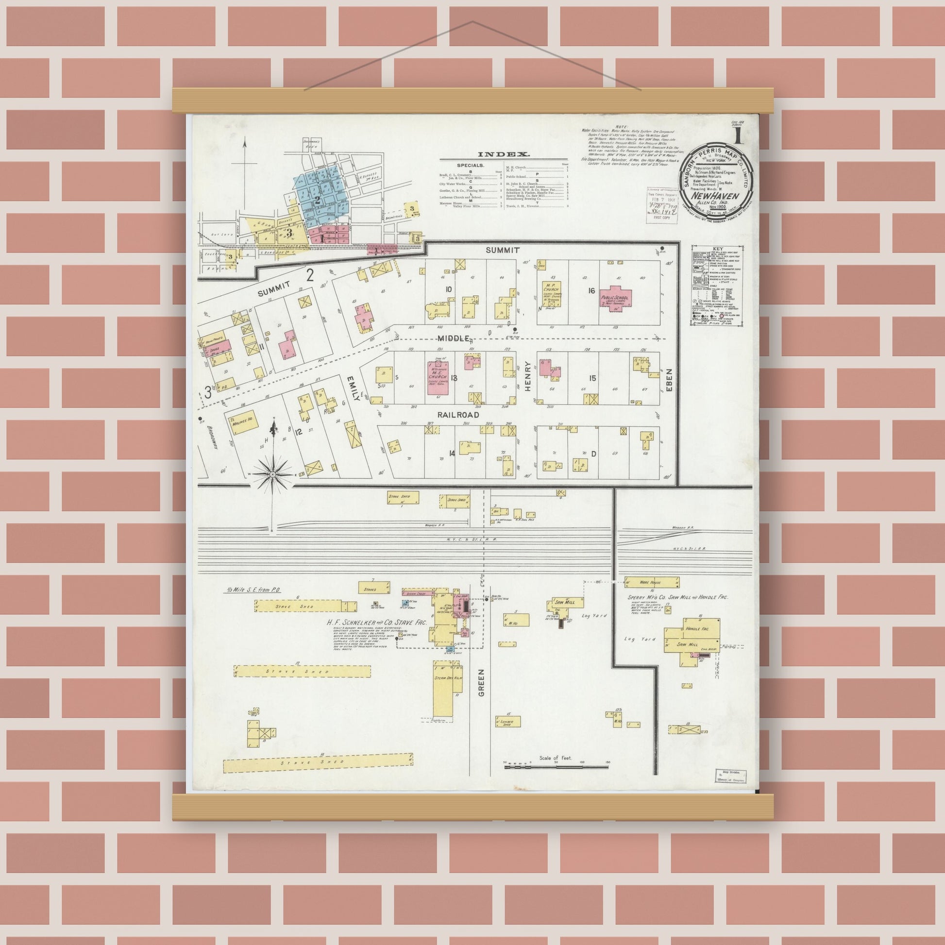 Old map wall art mockup — magnetic wood frame on brick wall — Sanborn Fire Insurance Map from New Haven, Allen County, Indiana (1900) - Complete Map Set