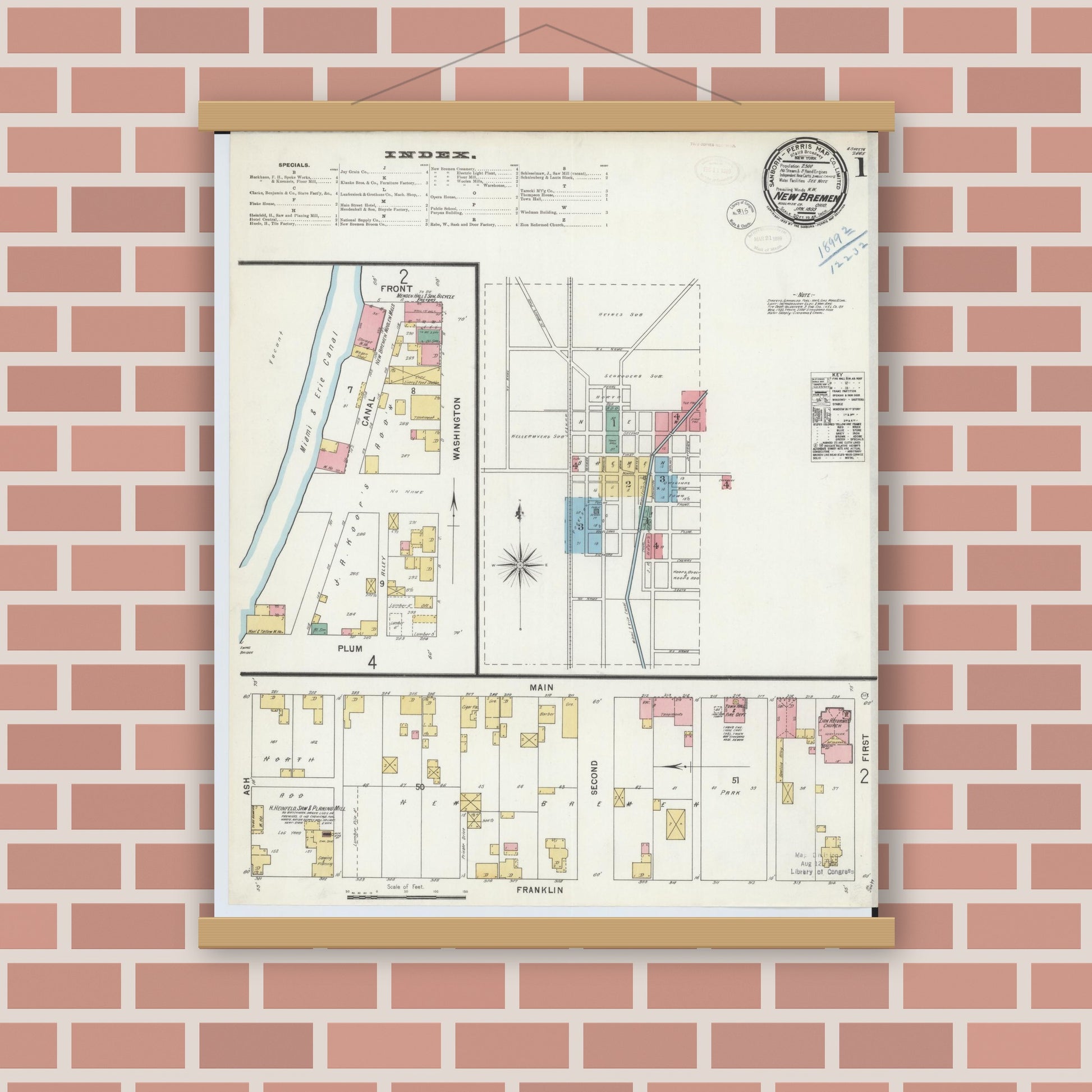 Old map wall art mockup — magnetic wood frame on brick wall — Sanborn Fire Insurance Map from New Bremen, Auglaize County, Ohio (1899), Sheet #0001