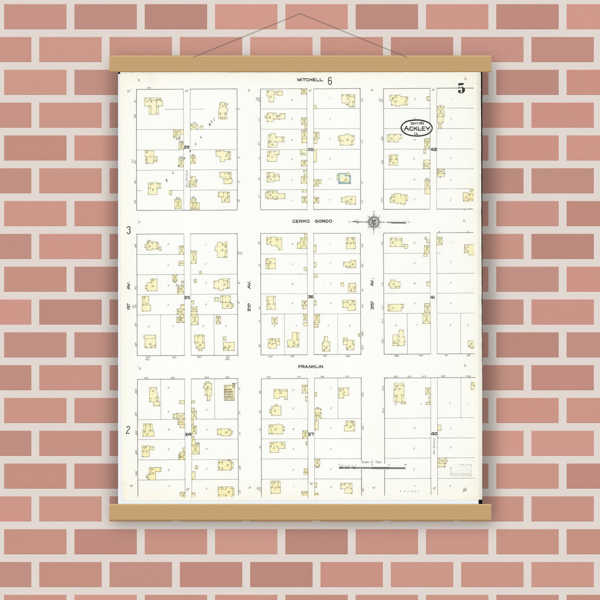 Old map wall art mockup — magnetic wood frame on brick wall — Sanborn Fire Insurance Map from Ackley, Hardin and Franklin Counties, Iowa (1911), Sheet #0005