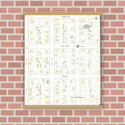 Old map wall art mockup — magnetic wood frame on brick wall — Sanborn Fire Insurance Map from Ackley, Hardin and Franklin Counties, Iowa (1911), Sheet #0005