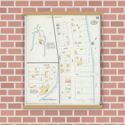 Old map wall art mockup — magnetic wood frame on brick wall — Sanborn Fire Insurance Map from Anoka, Anoka County, Minnesota (1898), Sheet #0014