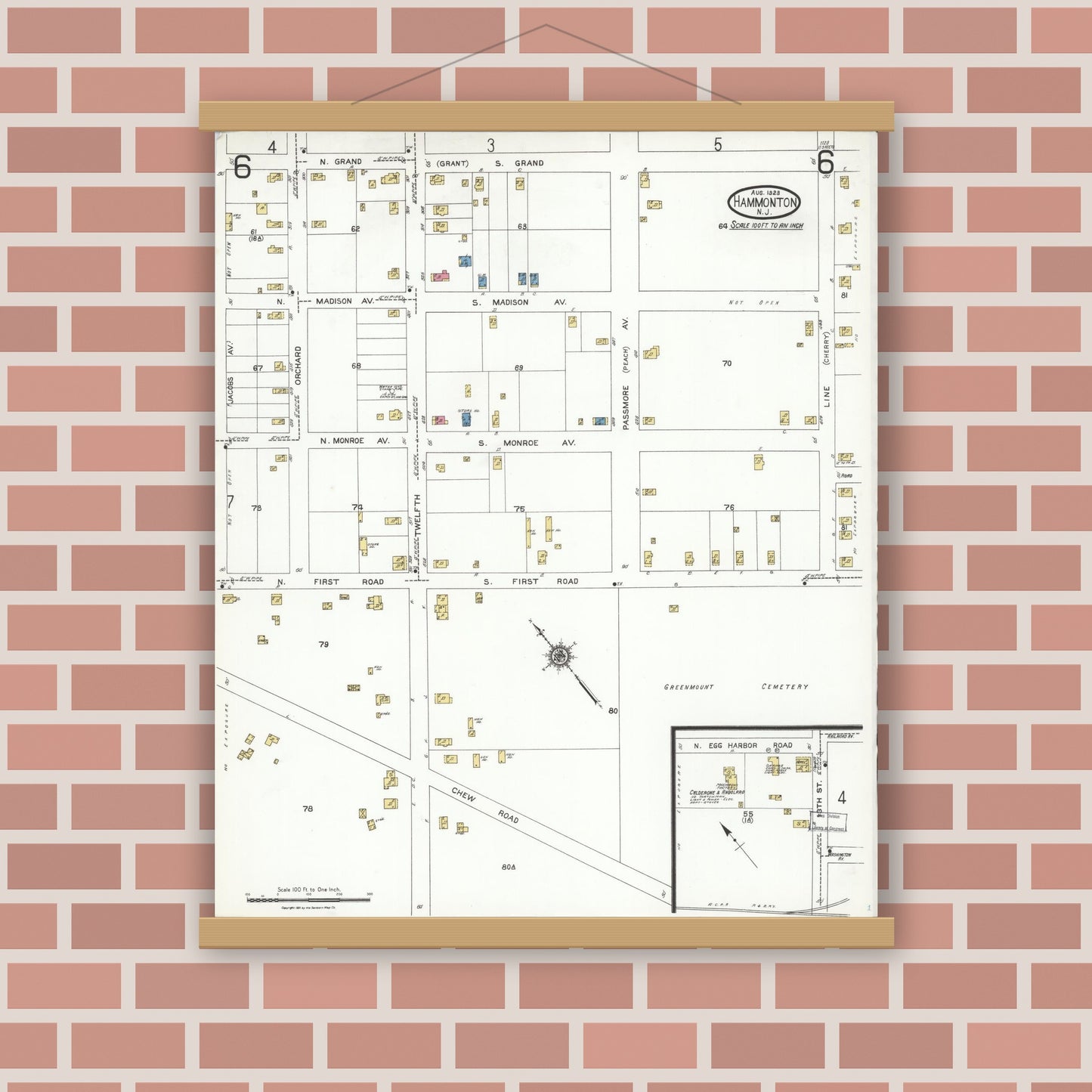 Old map wall art mockup — magnetic wood frame on brick wall — Sanborn Fire Insurance Map from Hammonton, Atlantic County, New Jersey (1923), Sheet #0006