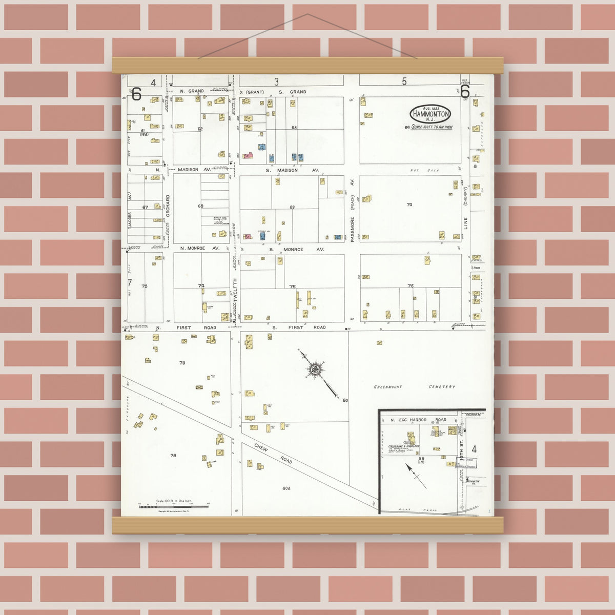 Old map wall art mockup — magnetic wood frame on brick wall — Sanborn Fire Insurance Map from Hammonton, Atlantic County, New Jersey (1923), Sheet #0006