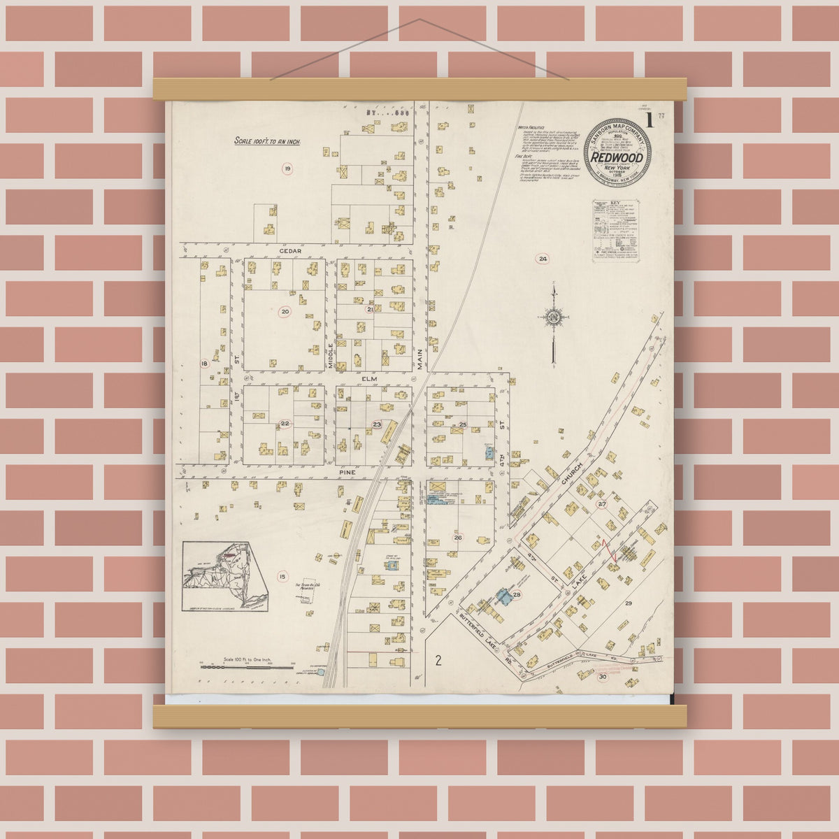 Old map wall art mockup — magnetic wood frame on brick wall — Sanborn Fire Insurance Map from Redwood, Jefferson County, New York (1915), Sheet #0001