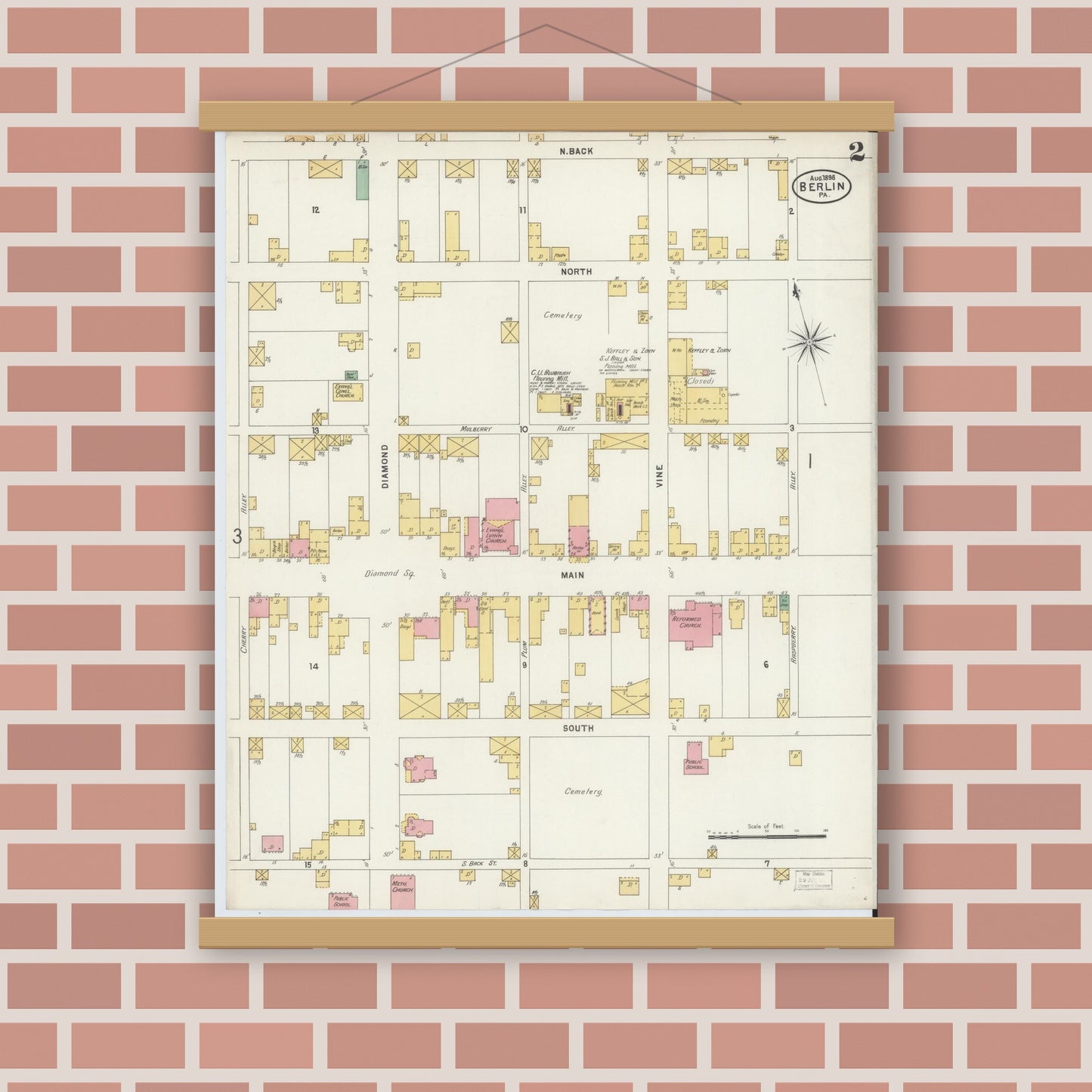 Old map wall art mockup — magnetic wood frame on brick wall — Sanborn Fire Insurance Map from Berlin, Somerset County, Pennsylvania (1898), Sheet #0002