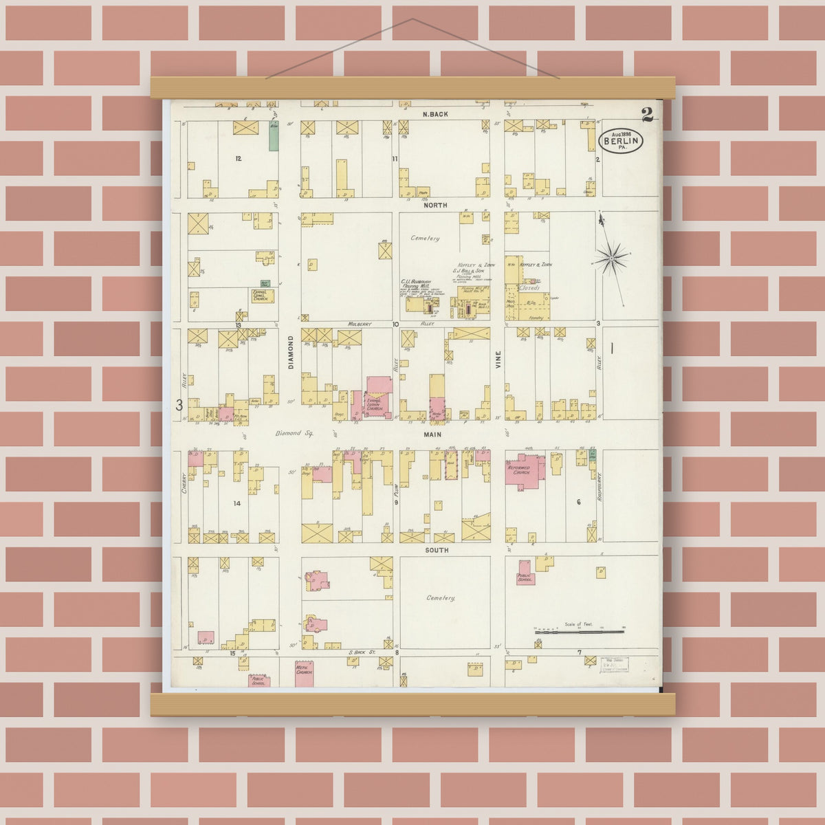 Old map wall art mockup — magnetic wood frame on brick wall — Sanborn Fire Insurance Map from Berlin, Somerset County, Pennsylvania (1898), Sheet #0002
