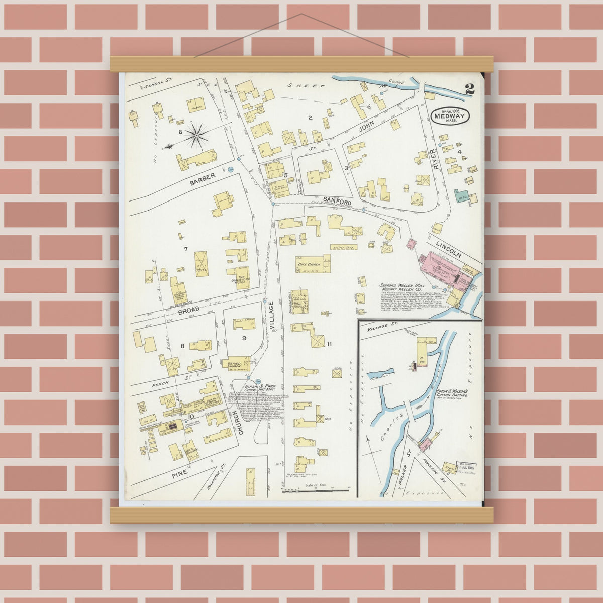 Old map wall art mockup — magnetic wood frame on brick wall — Sanborn Fire Insurance Map from Medway, Norfolk County, Massachusetts (1892), Sheet #0002