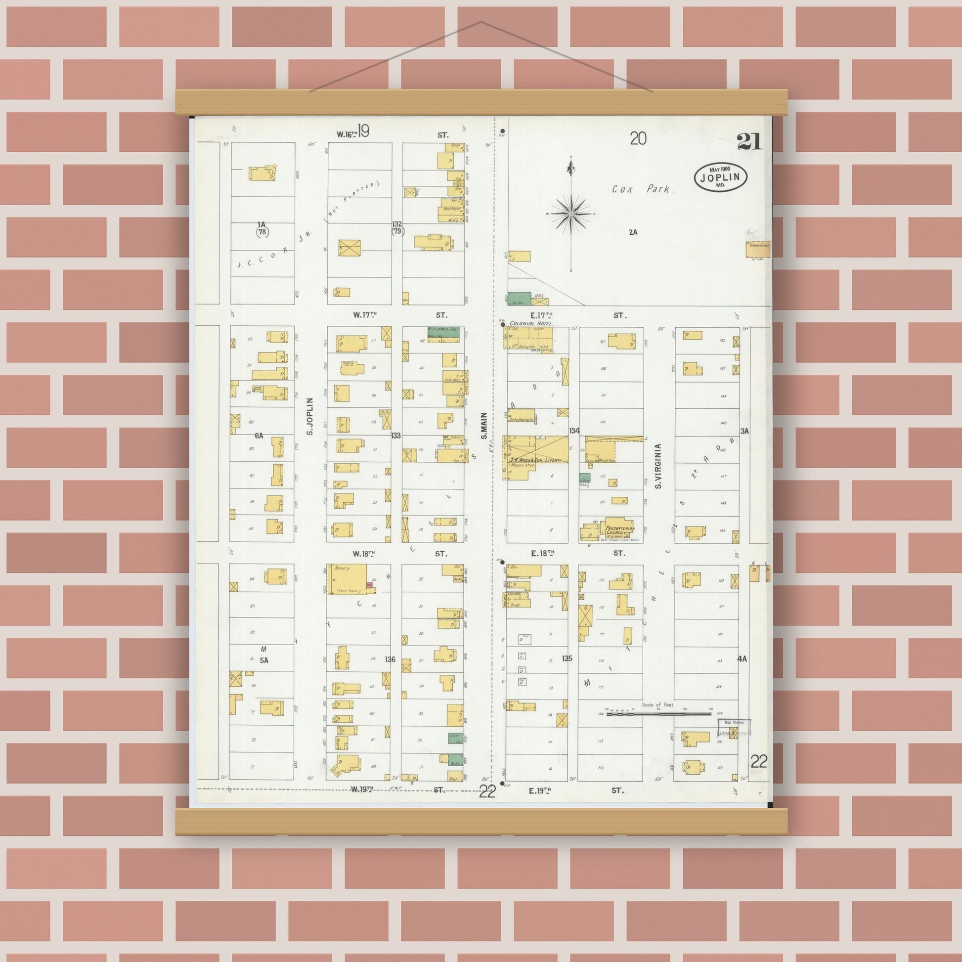 Old map wall art mockup — magnetic wood frame on brick wall — Sanborn Fire Insurance Map from Joplin, Jasper County, Missouri (1900), Sheet #0021