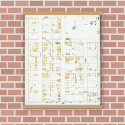 Old map wall art mockup — magnetic wood frame on brick wall — Sanborn Fire Insurance Map from Joplin, Jasper County, Missouri (1900), Sheet #0021