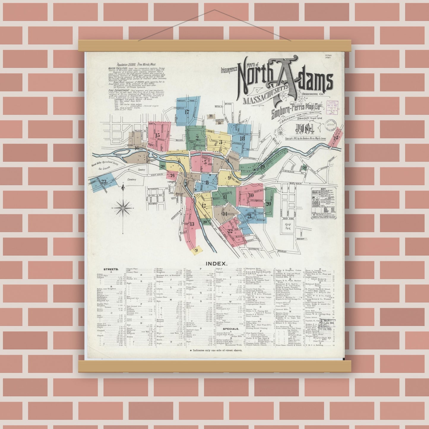 Old map wall art mockup — magnetic wood frame on brick wall — Sanborn Fire Insurance Map from North Adams, Berkshire County, Massachusetts (1901) - Complete Map Set