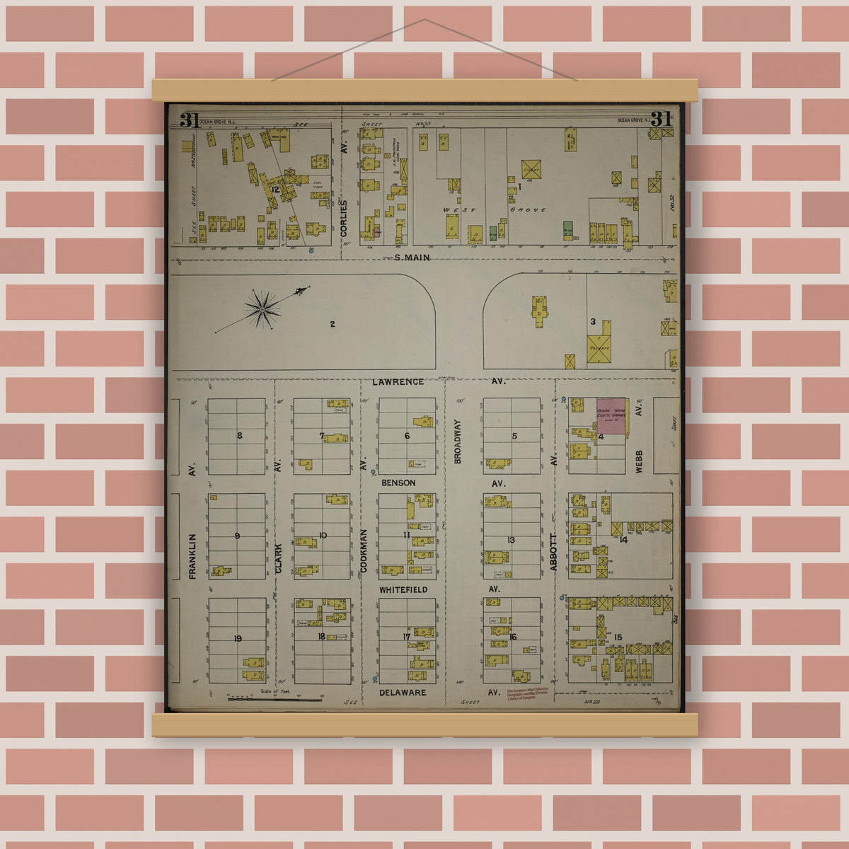 Old map wall art mockup — magnetic wood frame on brick wall — Sanborn Fire Insurance Map from New Jersey Coast, New Jersey Coast, New Jersey (1890), Sheet #0031