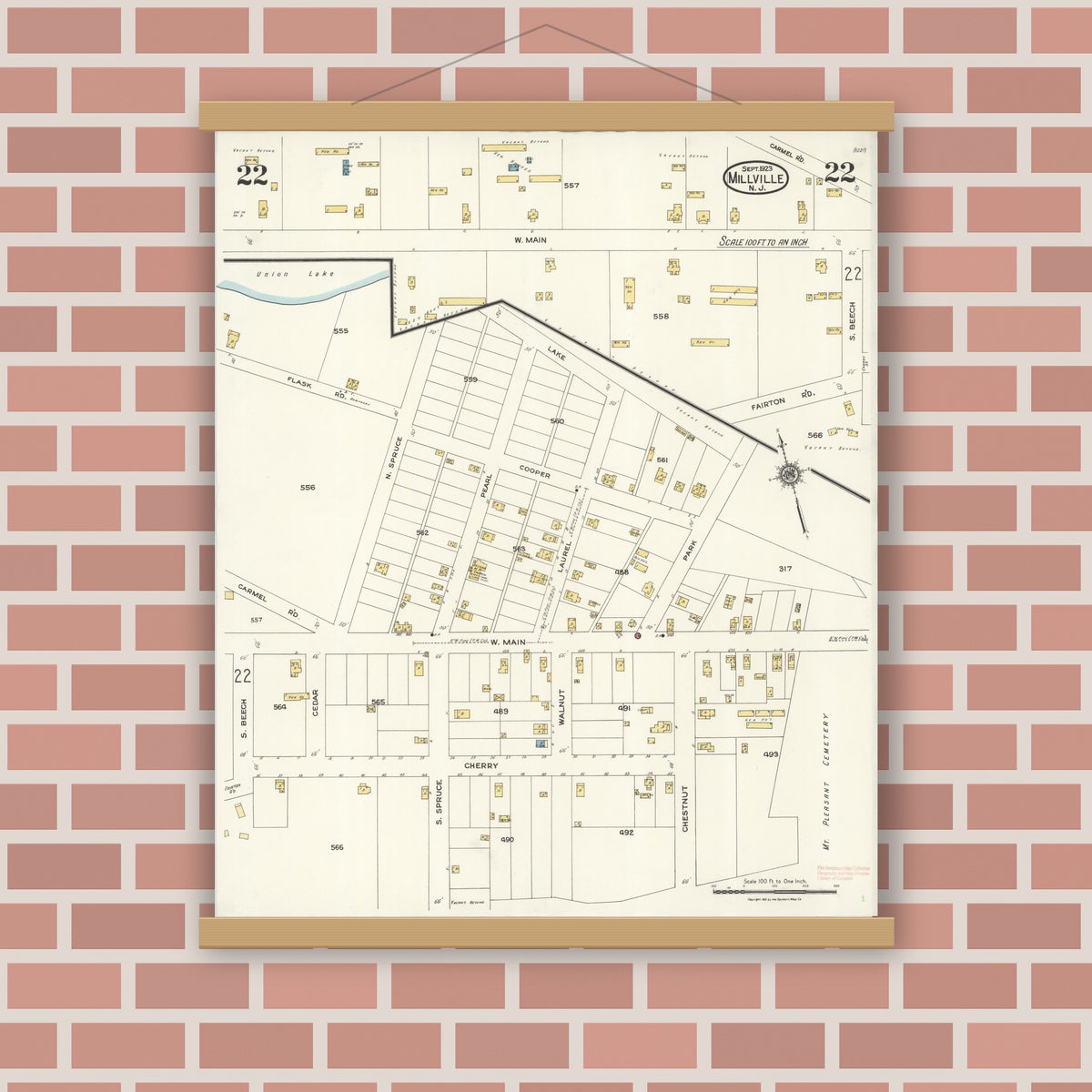Old map wall art mockup — magnetic wood frame on brick wall — Sanborn Fire Insurance Map from Millville, Cumberland County, New Jersey (1923), Sheet #0022
