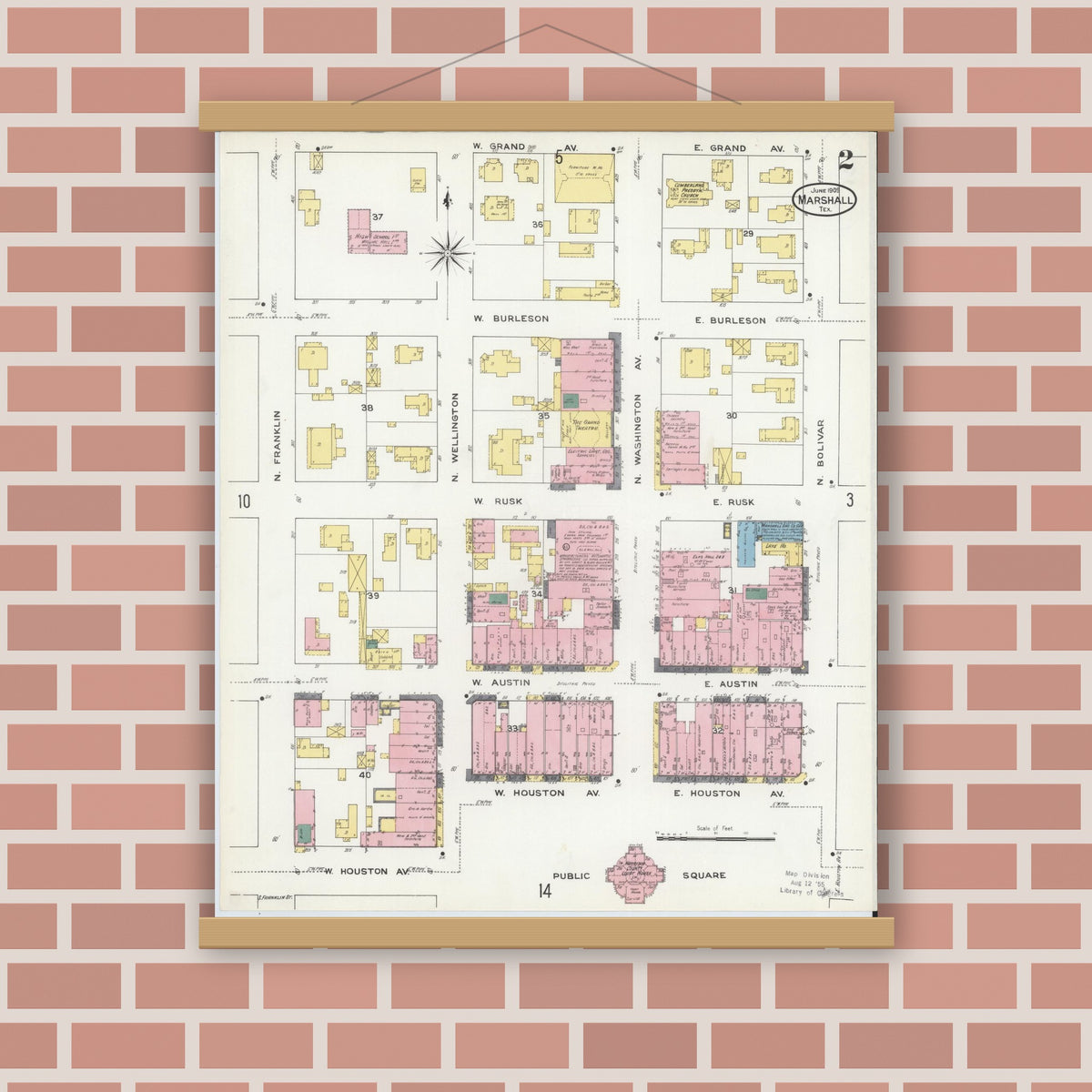 Old map wall art mockup — magnetic wood frame on brick wall — Sanborn Fire Insurance Map from Marshall, Harrison County, Texas (1909), Sheet #0002