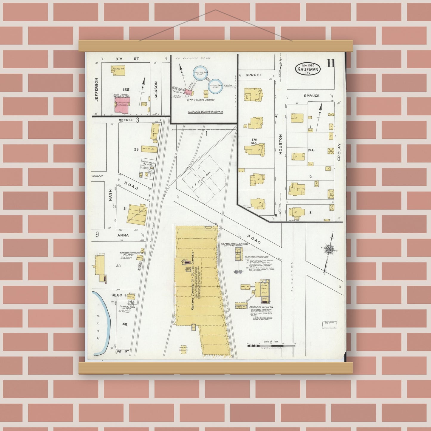 Old map wall art mockup — magnetic wood frame on brick wall — Sanborn Fire Insurance Map from Kaufman, Kaufman County, Texas (1920), Sheet #0011