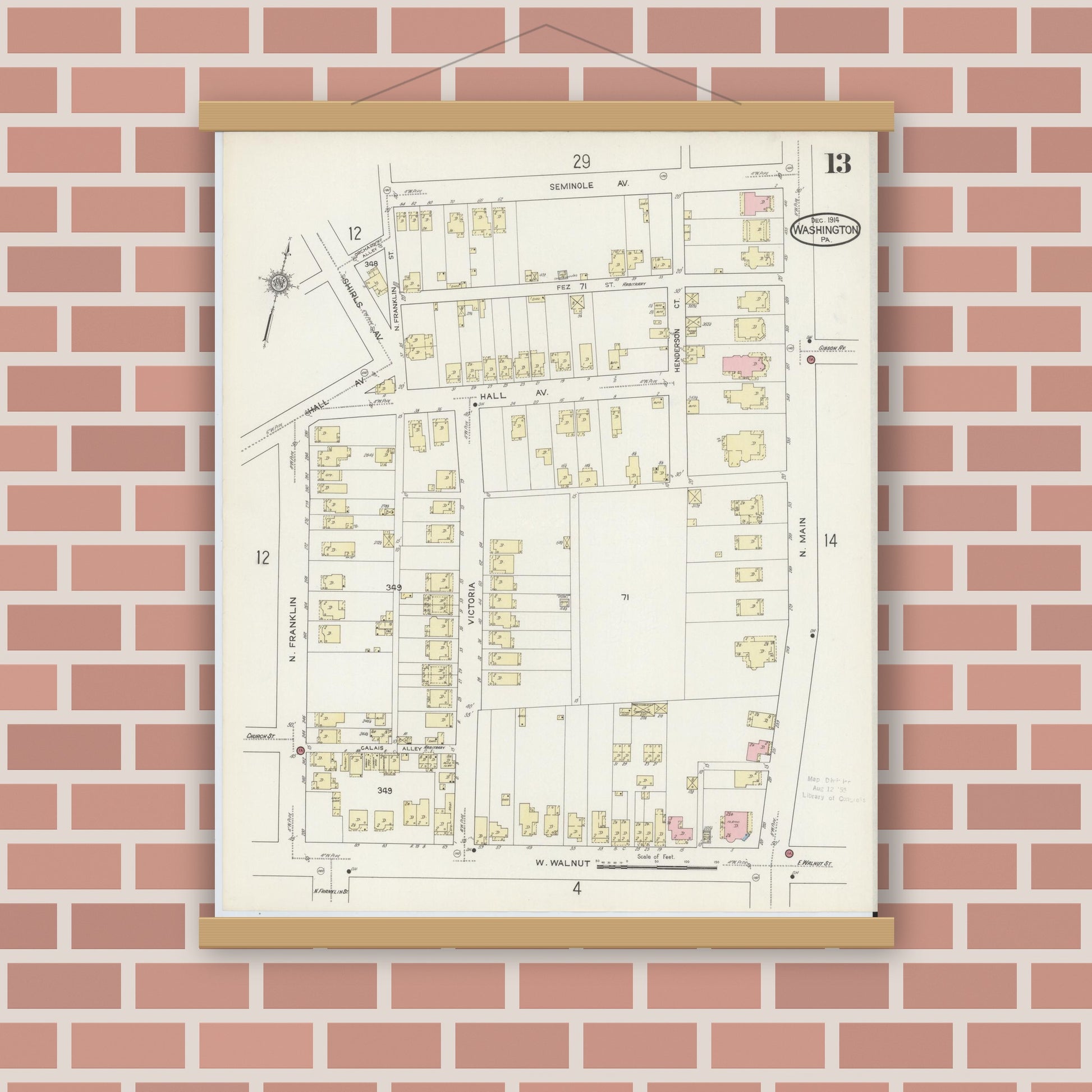Old map wall art mockup — magnetic wood frame on brick wall — Sanborn Fire Insurance Map from Washington, Washington County, Pennsylvania (1914), Sheet #0013