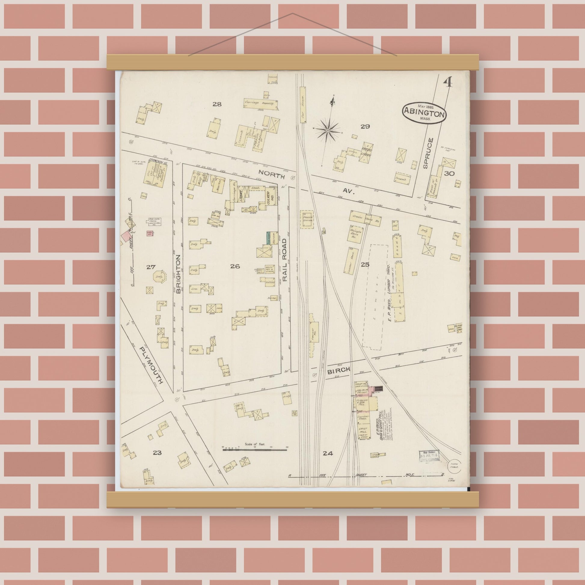 Old map wall art mockup — magnetic wood frame on brick wall — Sanborn Fire Insurance Map from Abington, Plymouth County, Massachusetts (1885), Sheet #0004