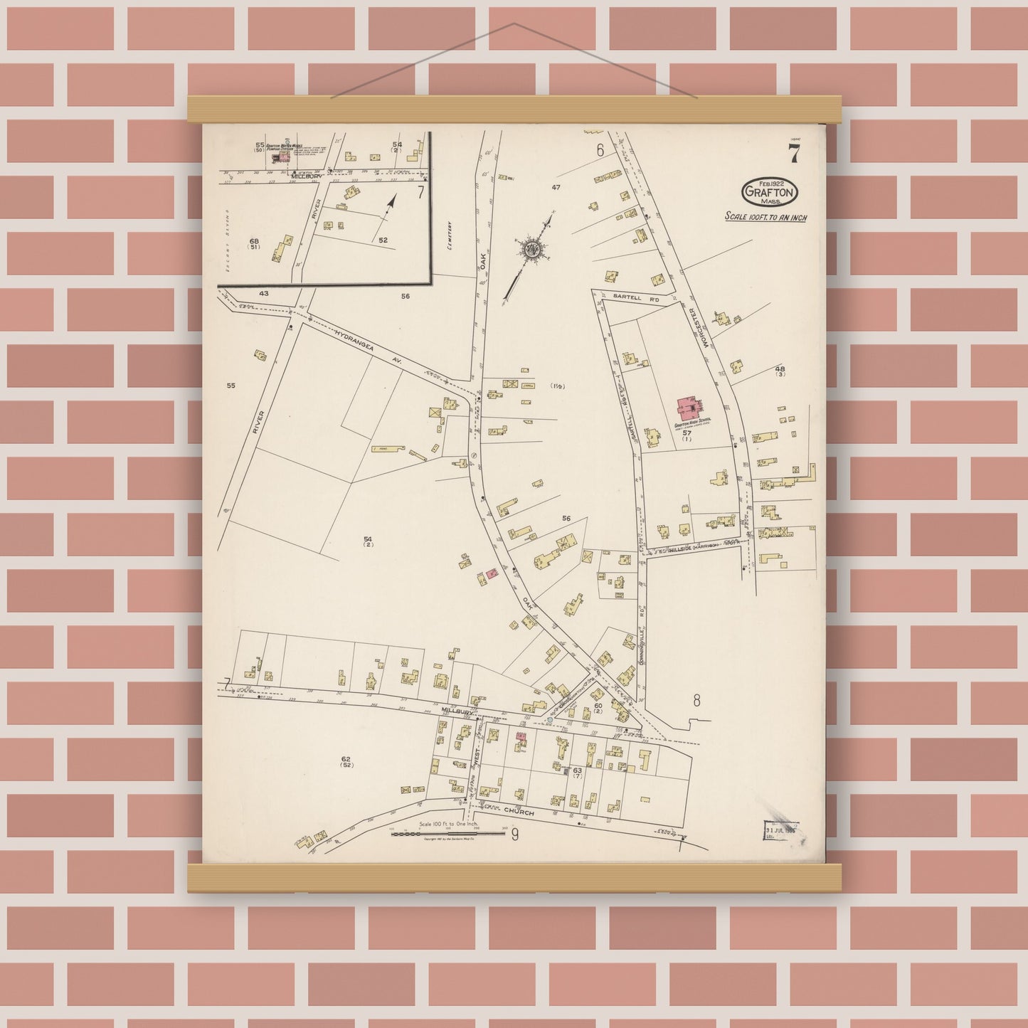Old map wall art mockup — magnetic wood frame on brick wall — Sanborn Fire Insurance Map from Grafton, Worcester County, Massachusetts (1922), Sheet #0007