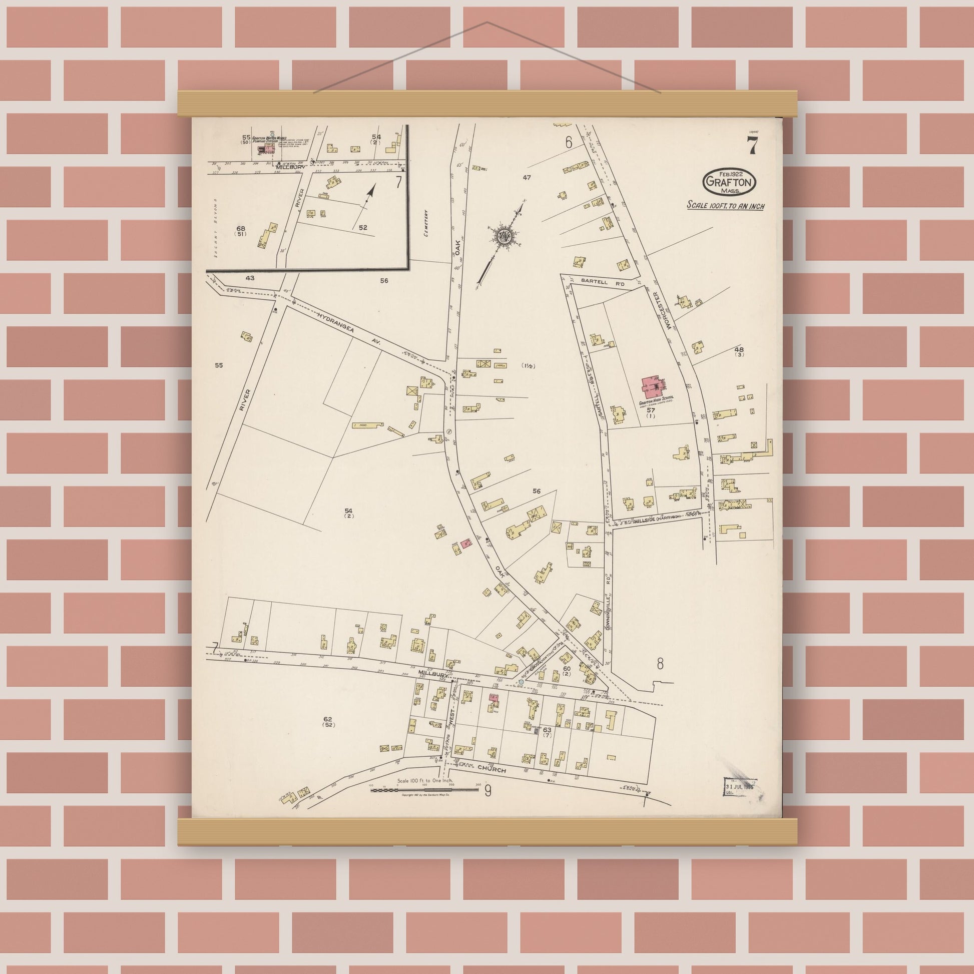 Old map wall art mockup — magnetic wood frame on brick wall — Sanborn Fire Insurance Map from Grafton, Worcester County, Massachusetts (1922), Sheet #0007